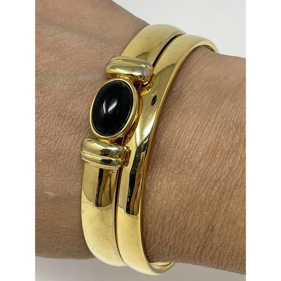 Lot of 2 Monet Bangle Bracelets Gold Tone Metal One Has Black Stone Both Signed